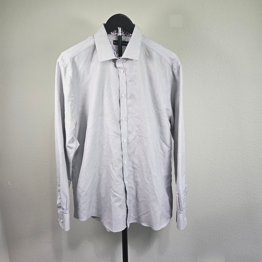 Society of Threads Button Down Mens L White Micro Dash Floral Trim Dapper